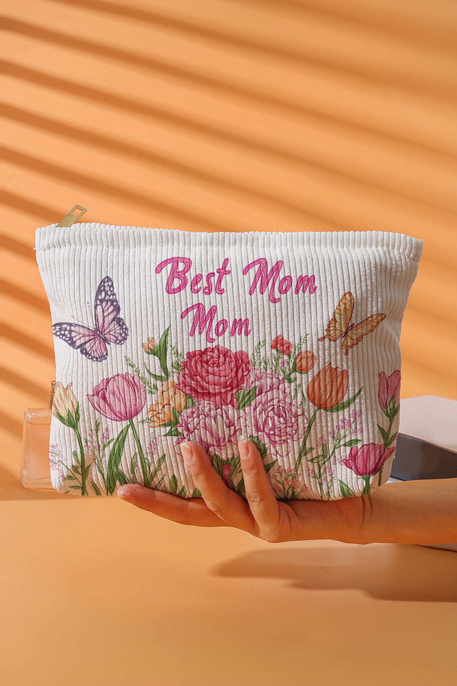 White Best Mom Mom Butterfly Floral Printed Corduroy Makeup Bag