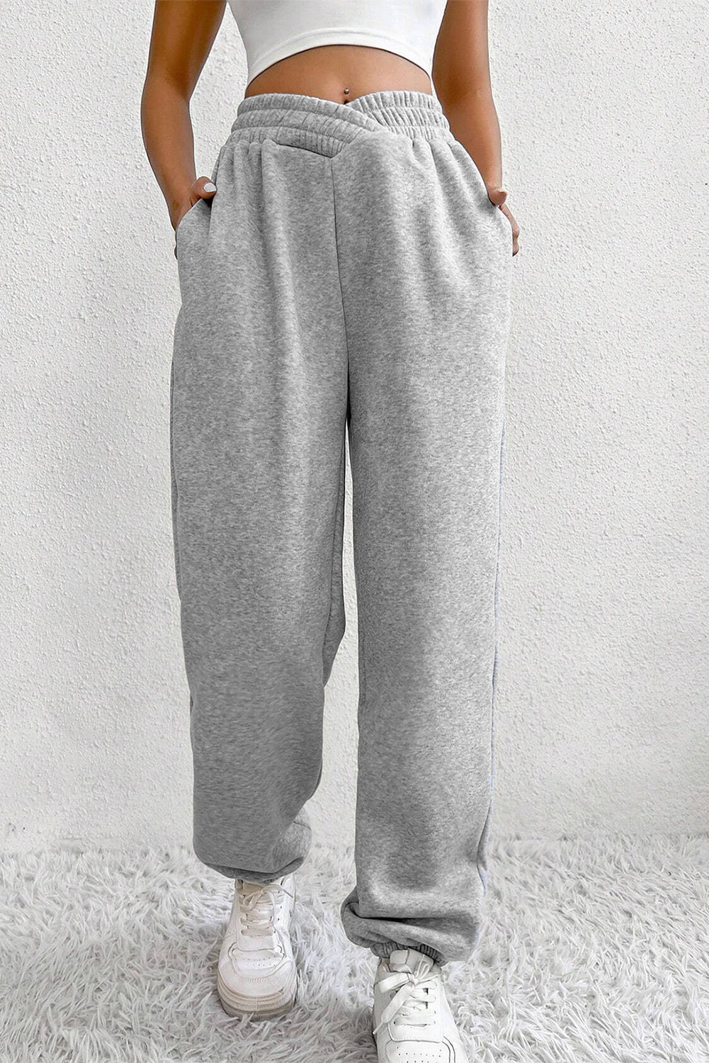 Light Grey Solid Color Crisscross Elastic Waist Sweatpants