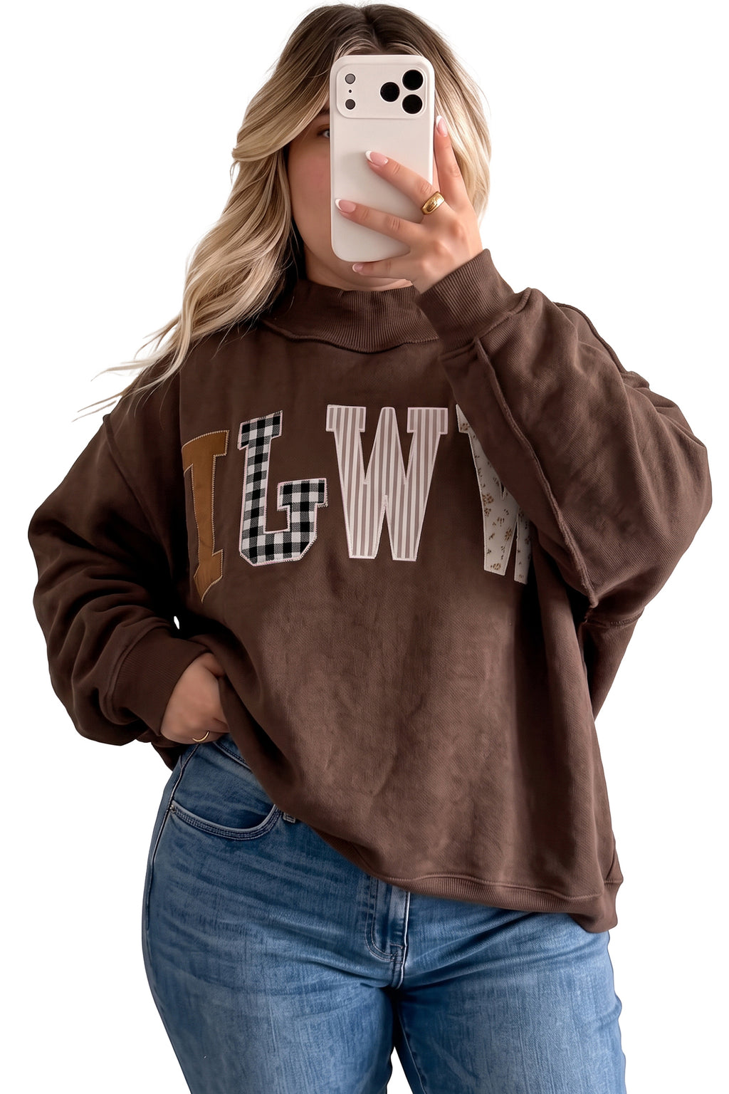 Coffee WWJD Mix Pattern Letter Graphic Exposed Seam Loose Plus Size Sweatshirt