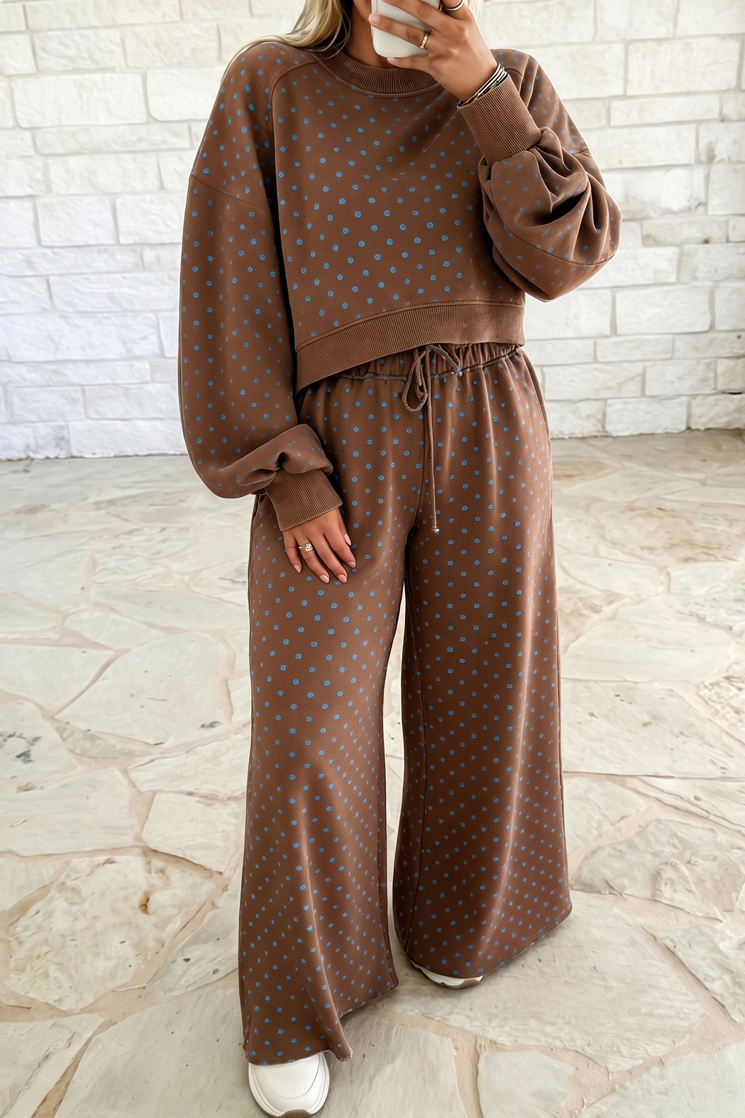 Brown Polka Dot Round Neck Long Sleeve Plus Size Set