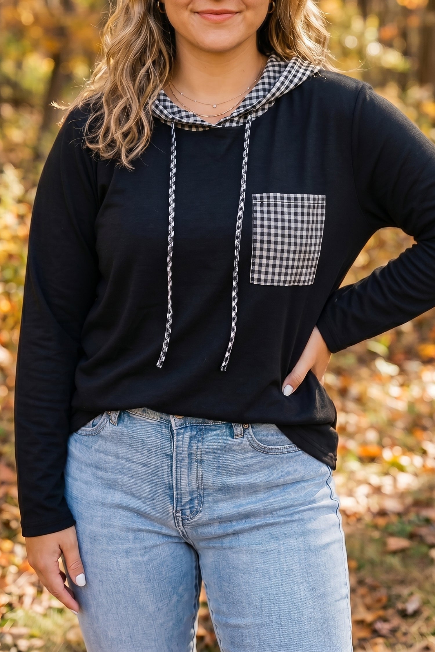Black Hooded Gingham Paneling Chest Patch Pocket Long Sleeve Plus Size Blouse