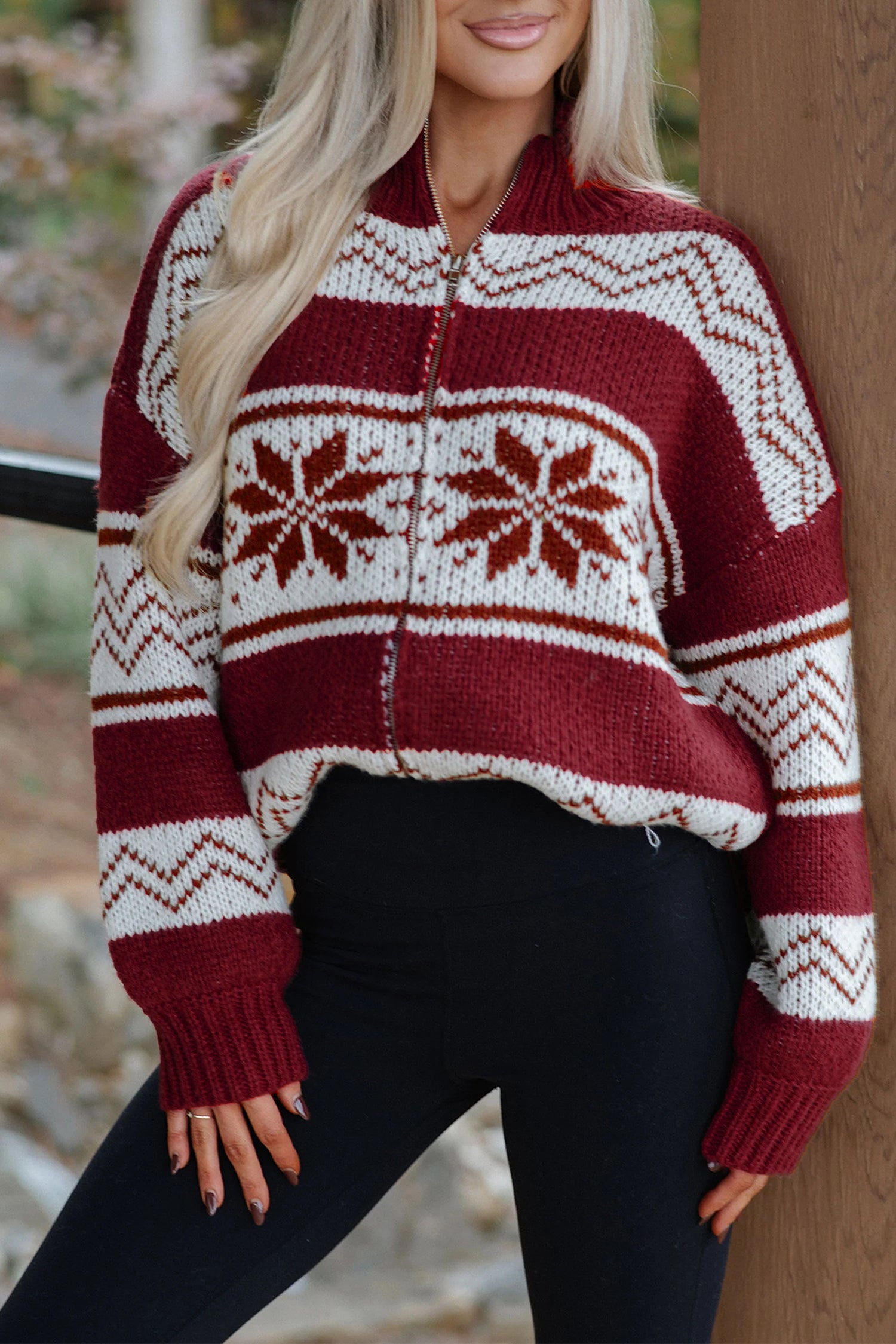 Red Geometric Pattern Zip-Up Knit Long Sleeve Regular Fit Cardigan