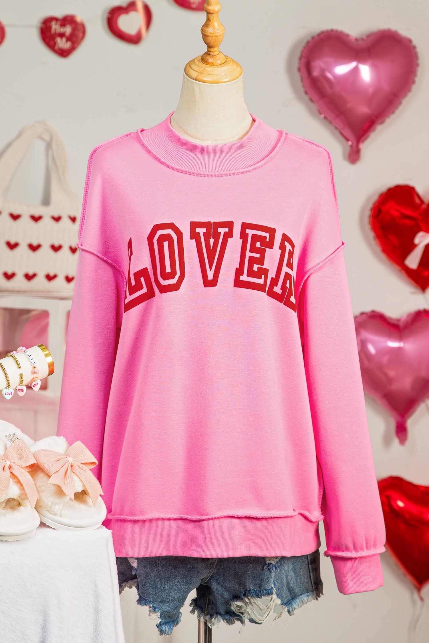 Bright Pink LOVER Heart Script Reversible Print Mock Neck Sweatshirt