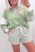 Smoke Green Striped Patchwork V Neck Two Piece Shorts Plus Size Set