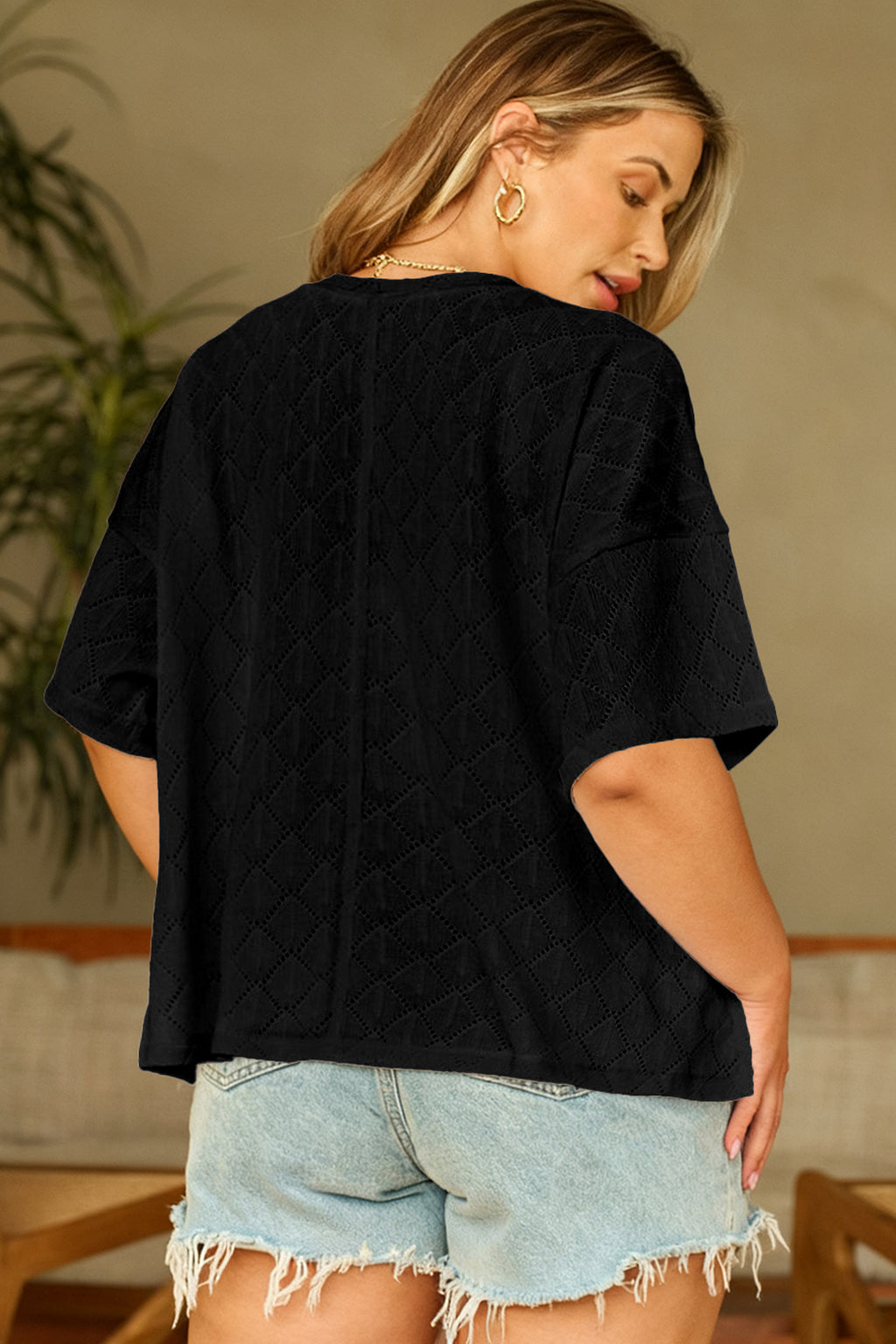 Light Pink Pointelle Rhombus Knit Plus Size V Neck Loose Top