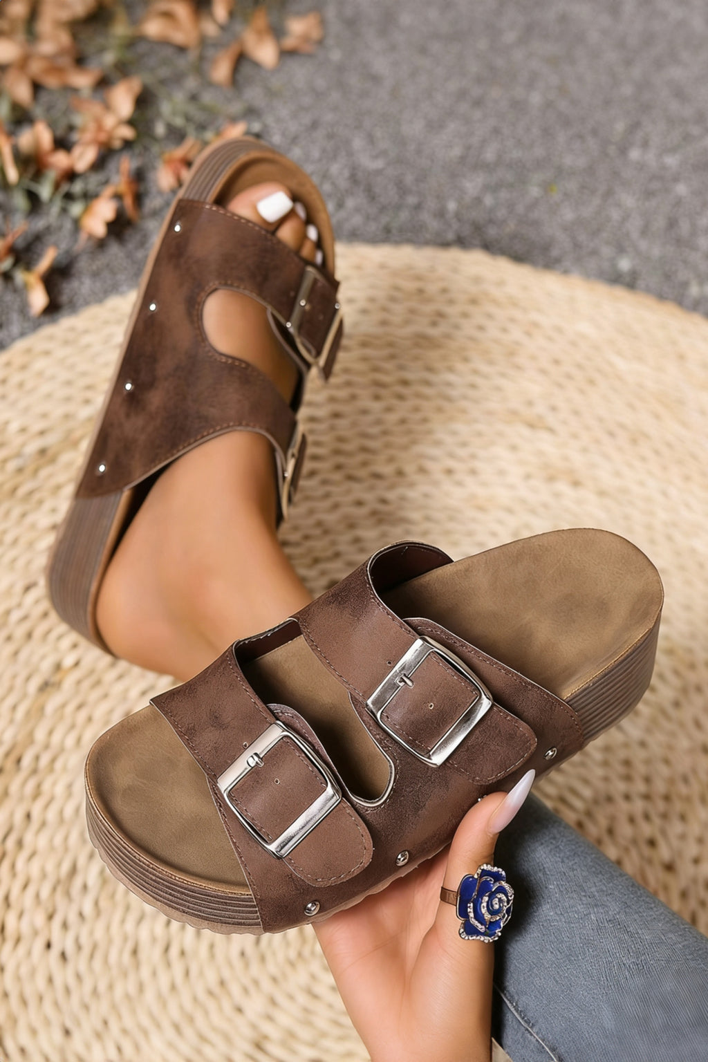 Coffee Retro Double Buckle PU Leather Faux Suede Platform Slippers