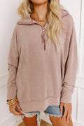 Oatmeal Twist Ribbed Zipper Collar Drop Shoulder Long Sleeve Top