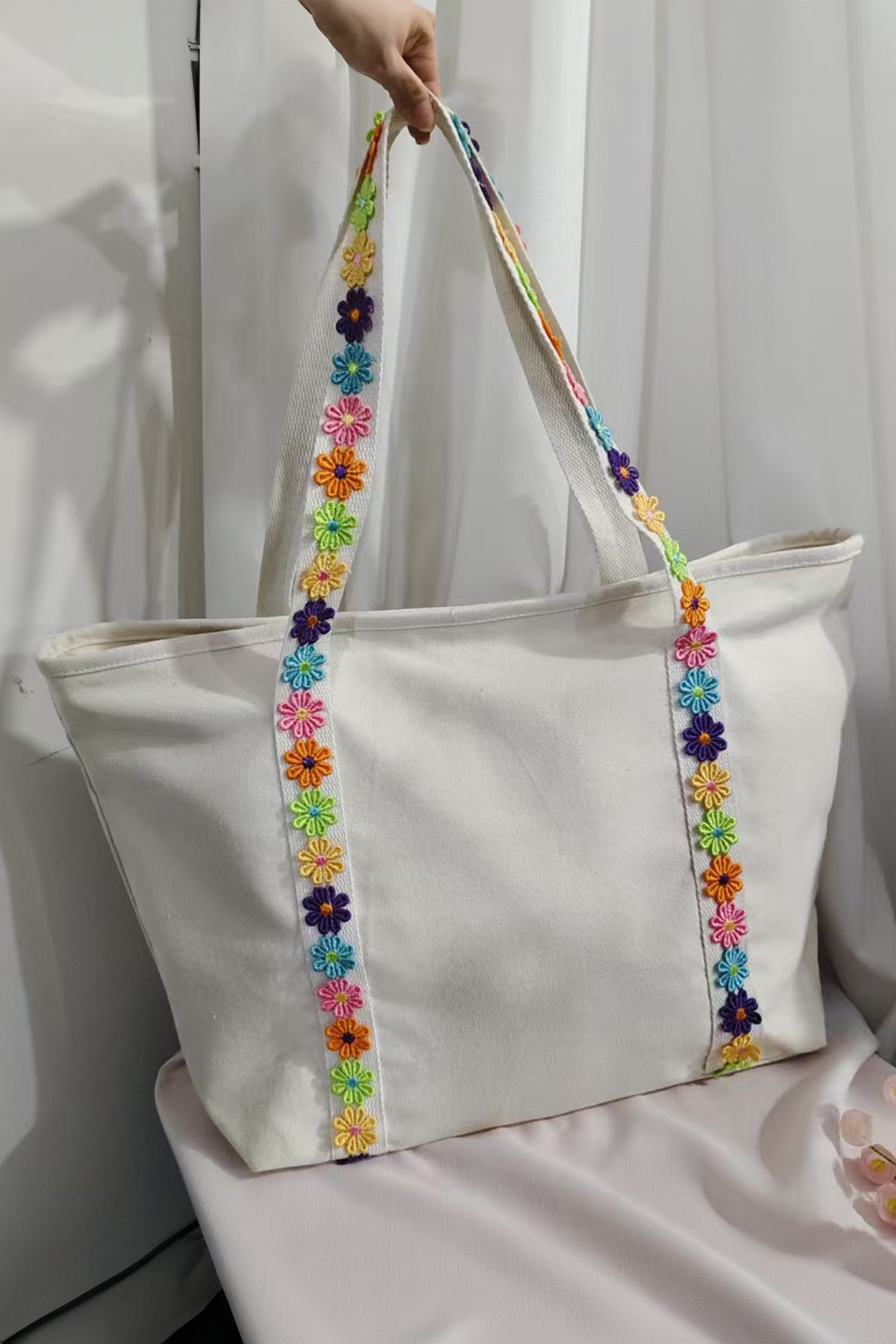 White Canvas Tote Bag with Embroidered Floral Strap Detail