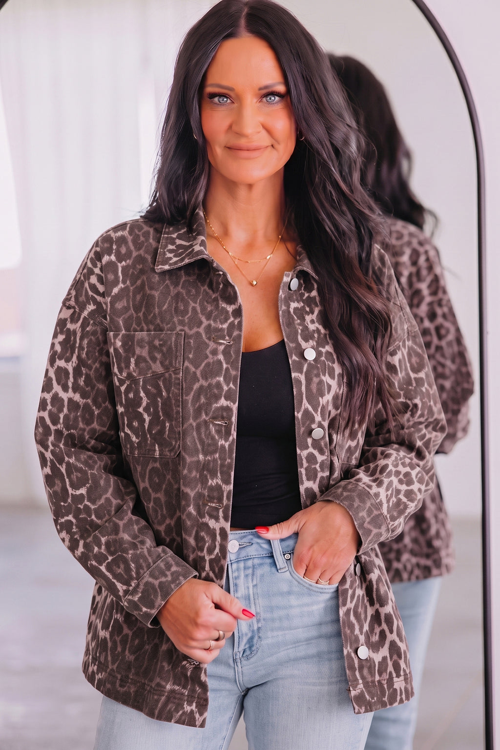 Khaki Oversized Leopard Print Long Sleeve Patch Pocket Denim Jacket