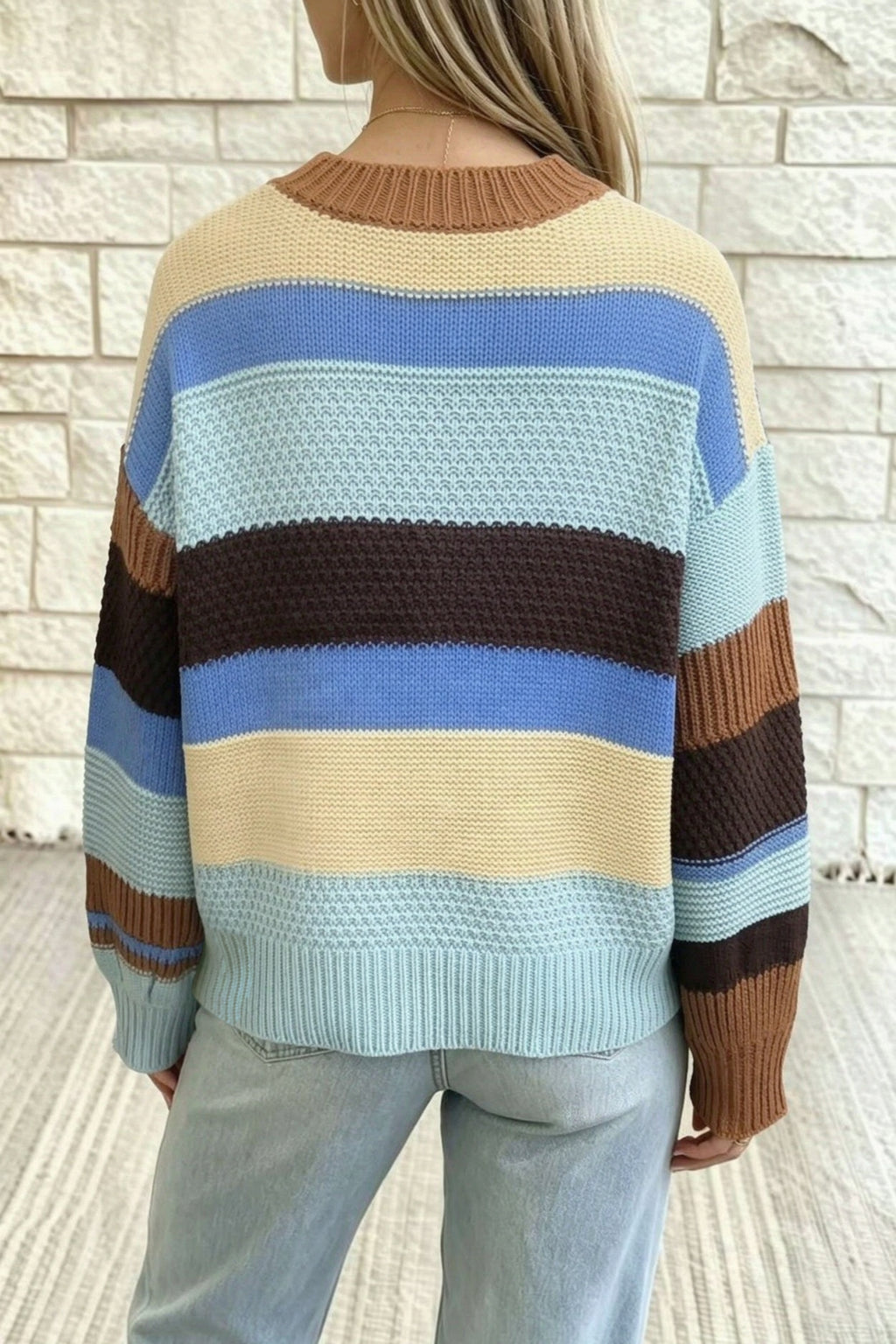 Multicolour Color Block Striped Round Neck Relaxed Sweater