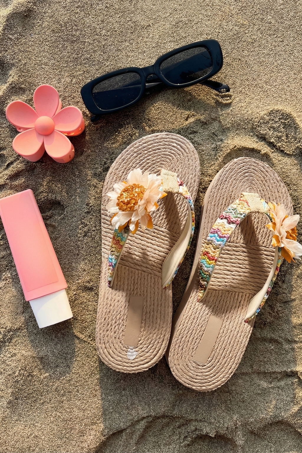 Parchment Vacation Floral Decor Straw Woven Textured Wedge Platform Slippers