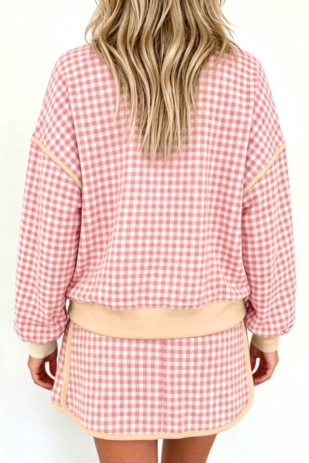 Pink Gingham Oversized Ribbed Trim Crew Neck Long Sleeve Top and Skort Set