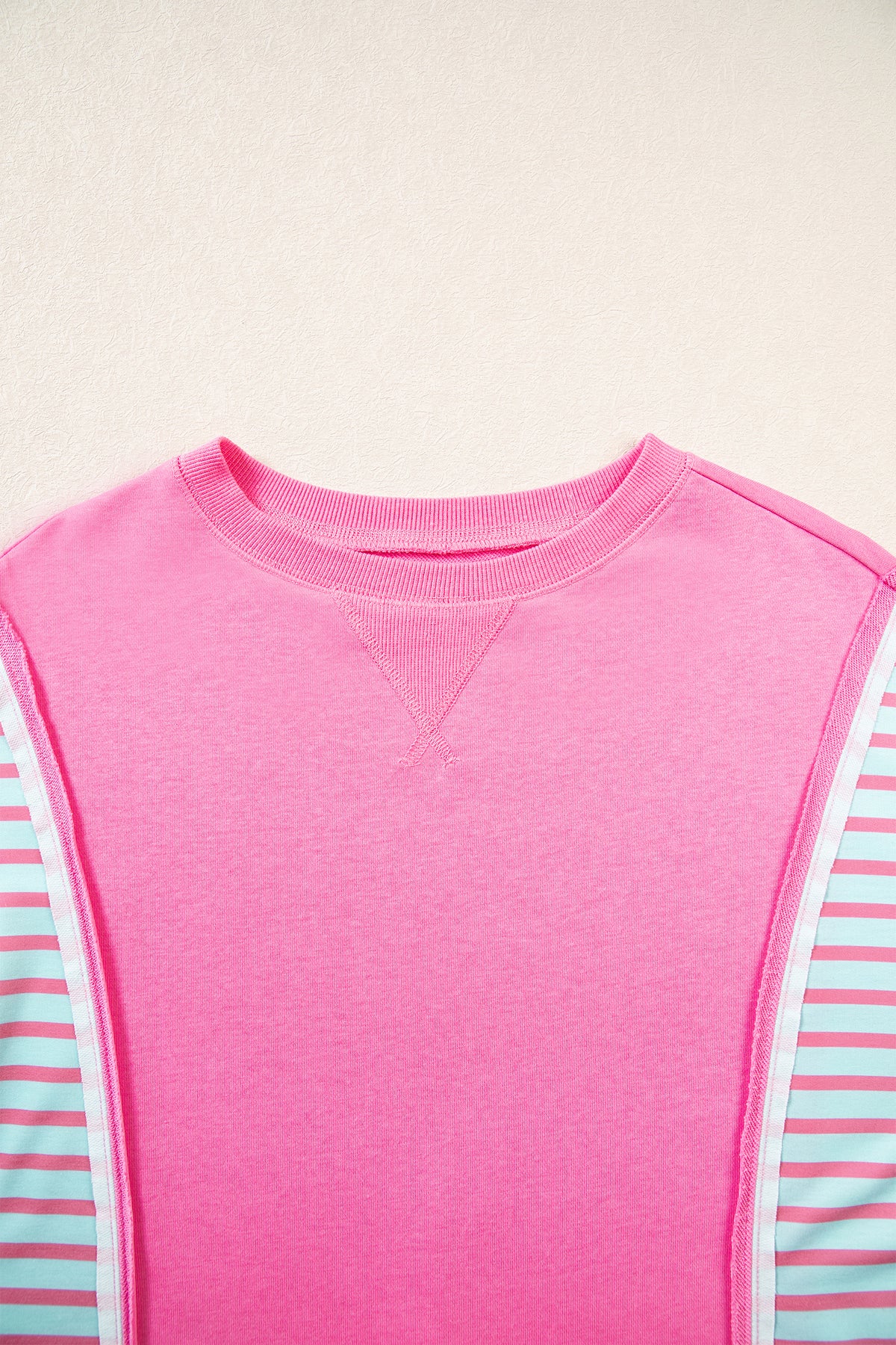 Rose Stripe Color Block Patchwork Relaxed Split Long Sleeve Top