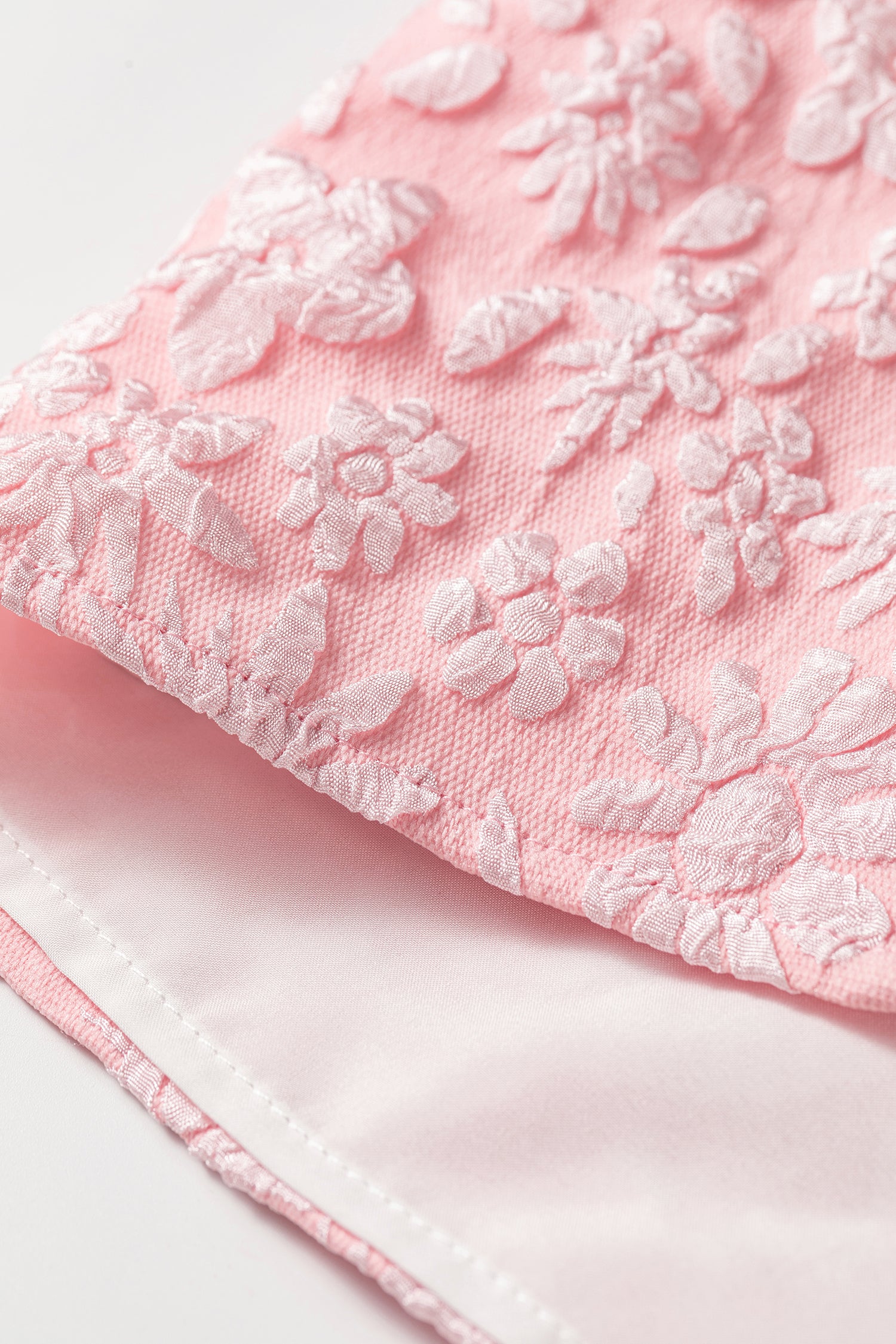Apricot Pink Floral Textured Jacquard Puff Sleeve Blouse