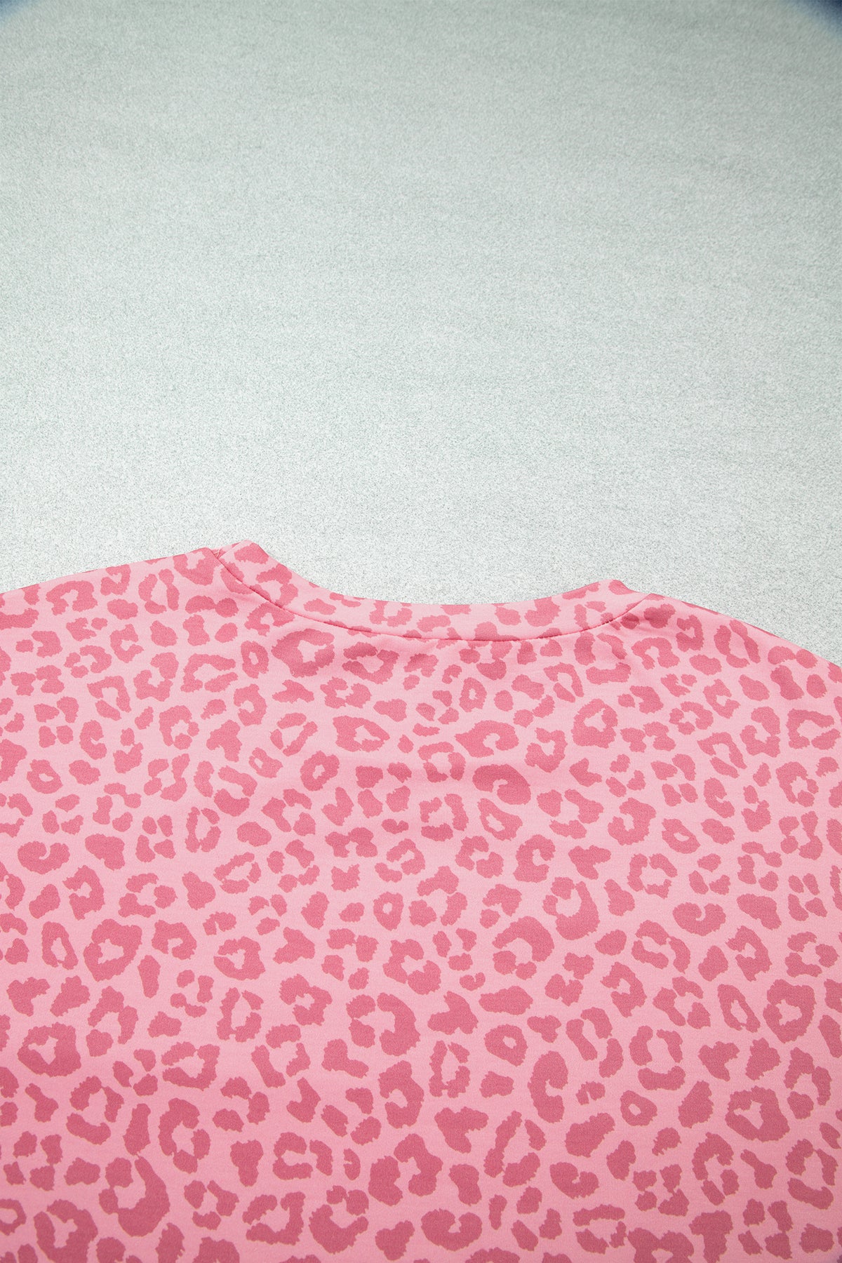 Apricot Leopard Print Varsity Striped Detail 3/4 Sleeve Top Shift Pant Set
