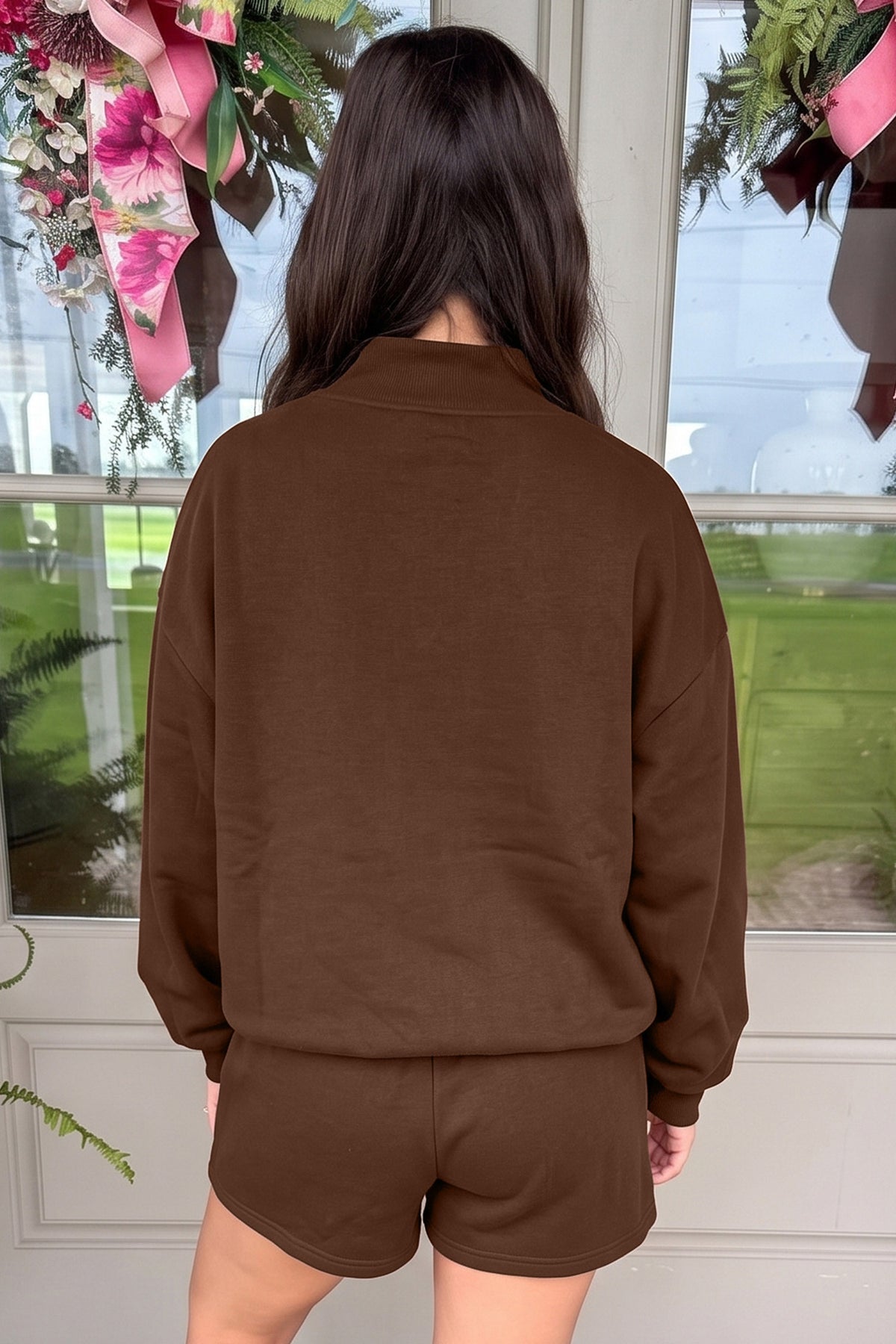 Dark Green Christmas Slogan Print Mock Neck Pullover and Shorts Set