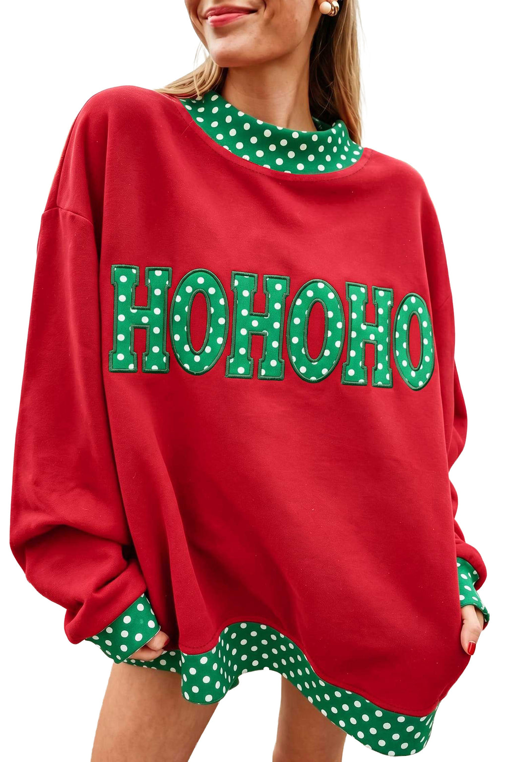 Tomato Red Polka Dot Letter Print Contrast Trim Mock Neck Sweatshirt