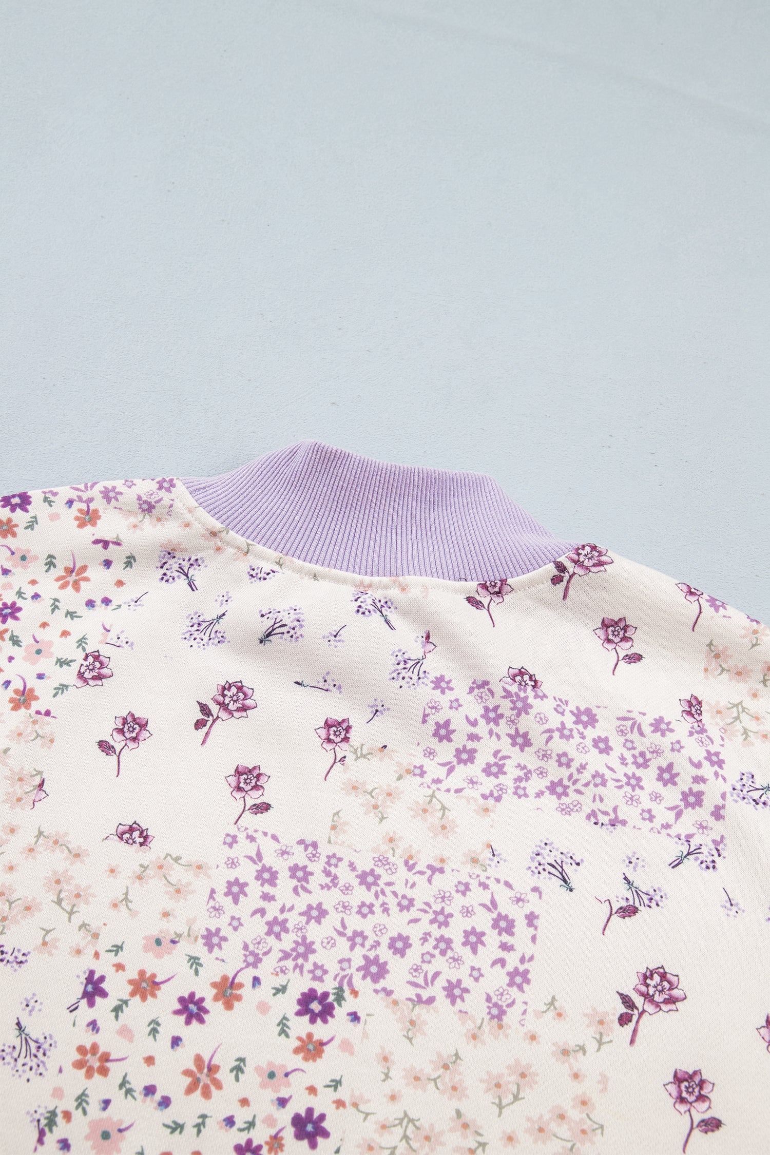 Purple Floral Print High Neck Colorblock Sleeve Paneling Sweatshirt