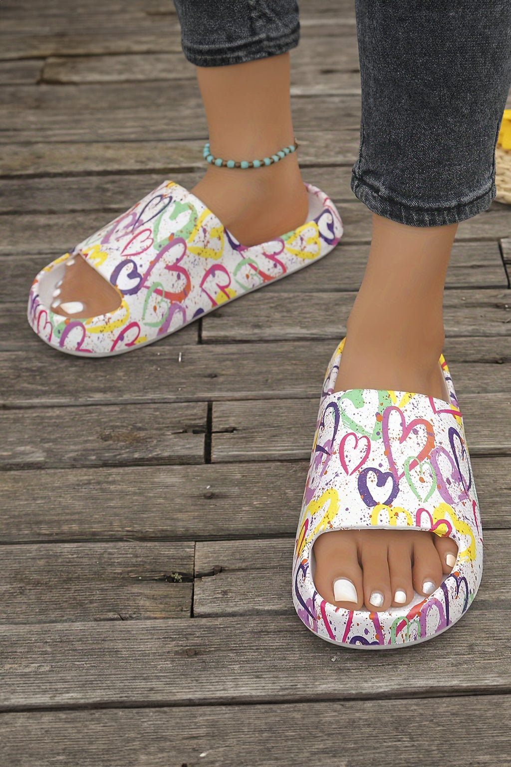 White Colorful Heart Print EVA Slippers