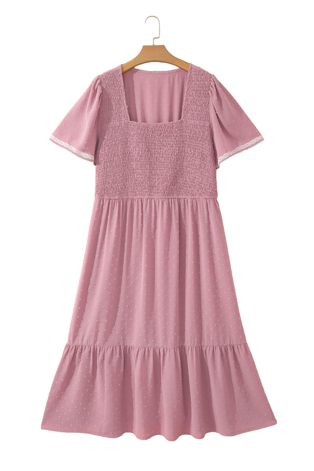 Pink Plus Size Swiss Dot Short Sleeve Smocked High Waist Flowy Midi Dress