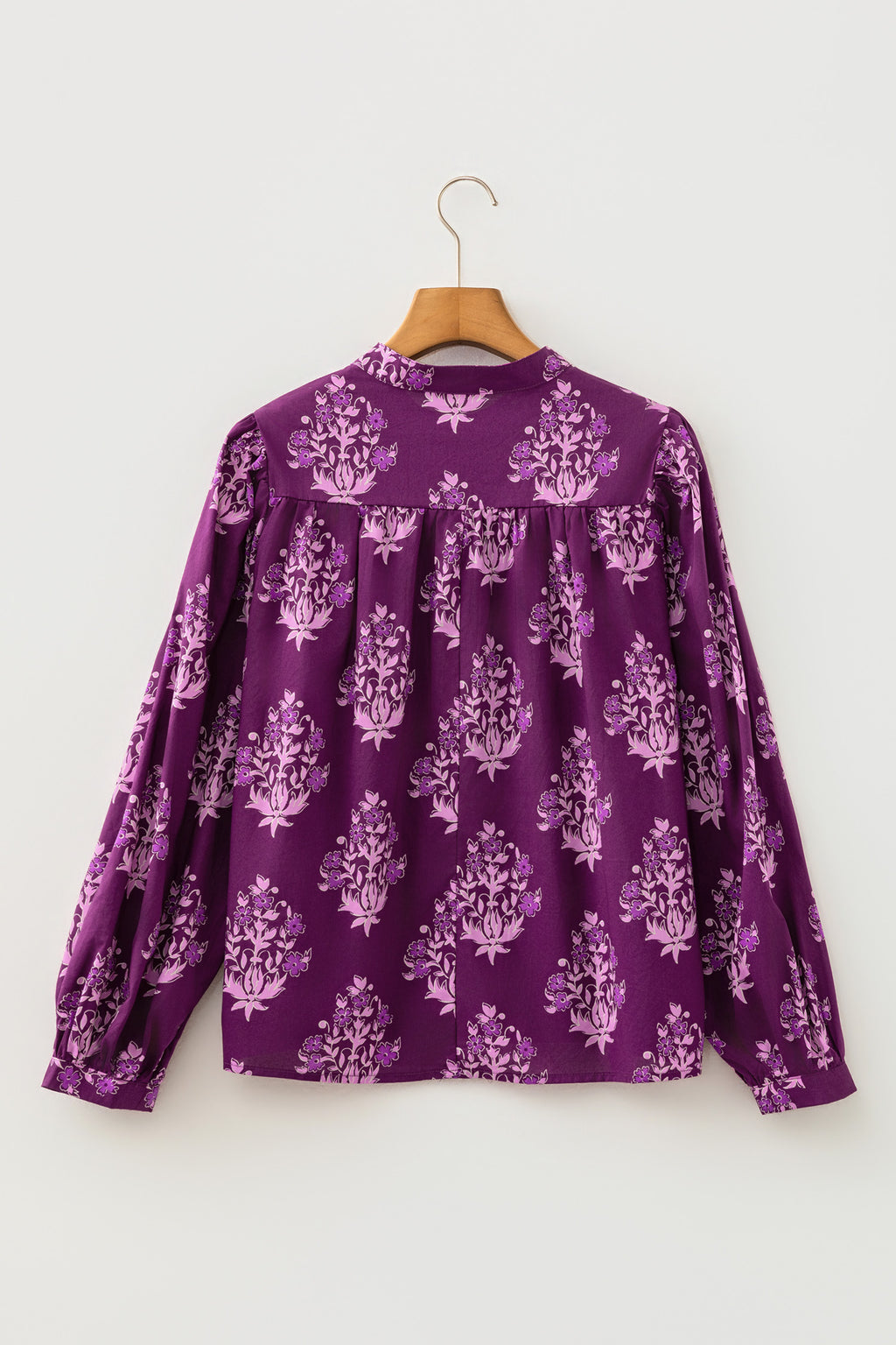 Purple Floral Print Button-Up Long Puff Sleeve Loose Shirt