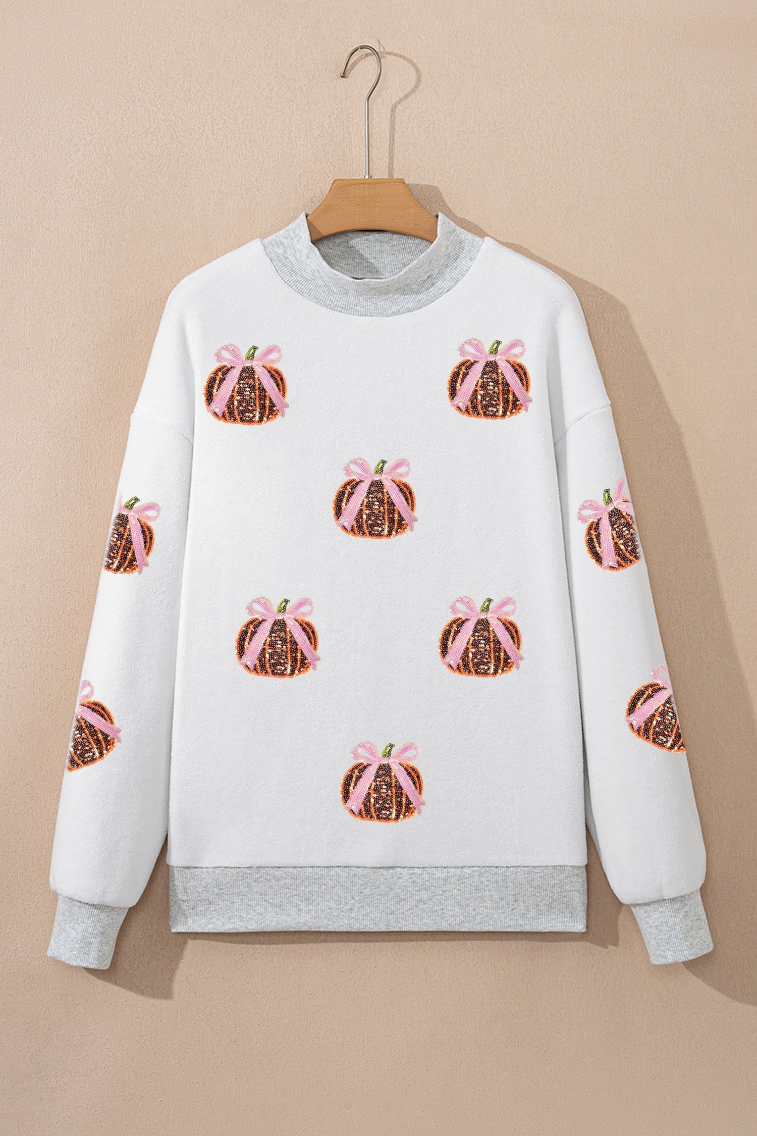 Light Grey Sequin Bow Pumpkin Patch Color Block High Neck Sweatshirt