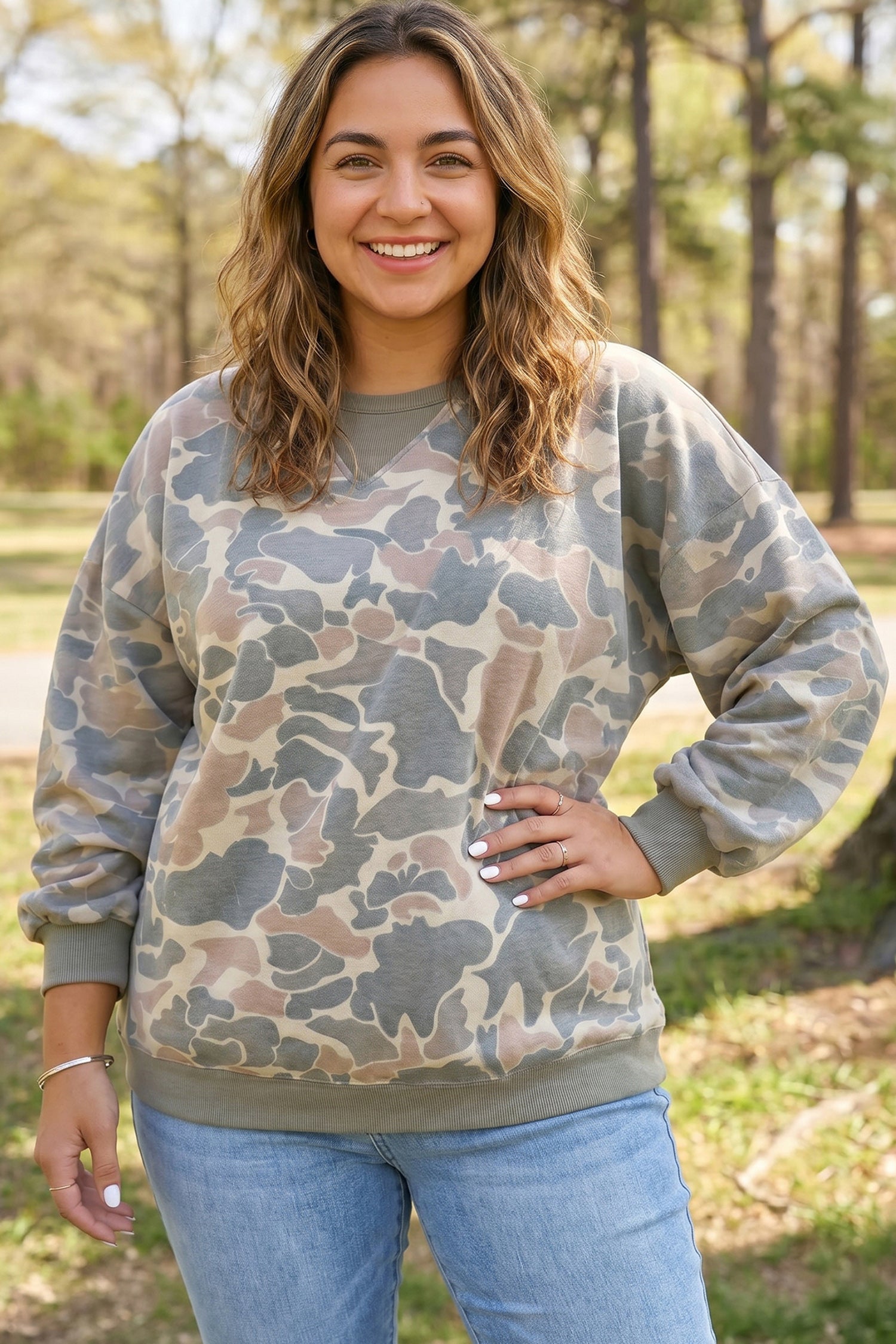 Multicolour Camouflage Print Shift Silhouette Long Sleeve Plus Size Sweatshirt