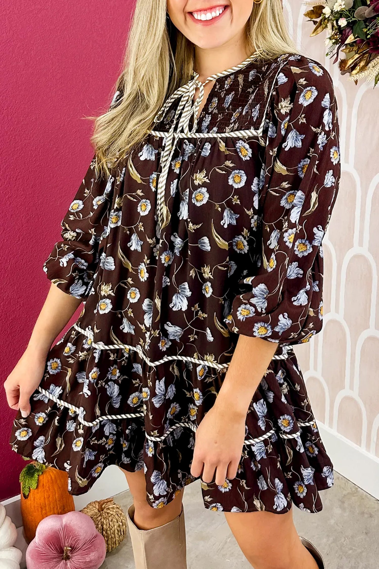 Brown Floral Print Shirred V Neck Shift Dress