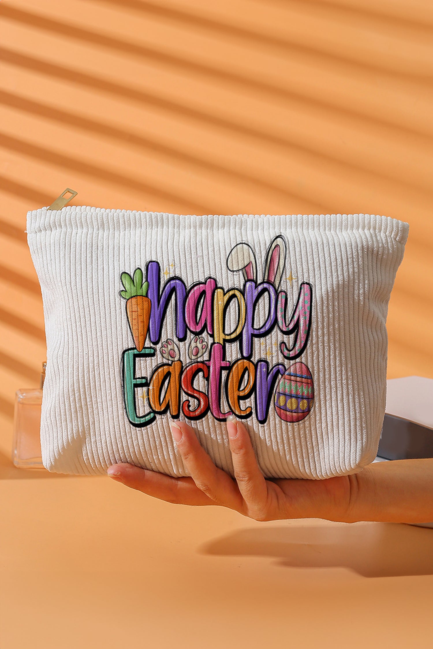 White Happy Easter Playful Printed Corduroy Makeup Bag