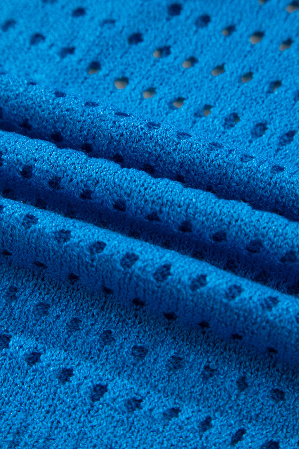 Sky Blue Solid Color Hollowed Knit Short Sleeve Zipper Collar Knitwear Top