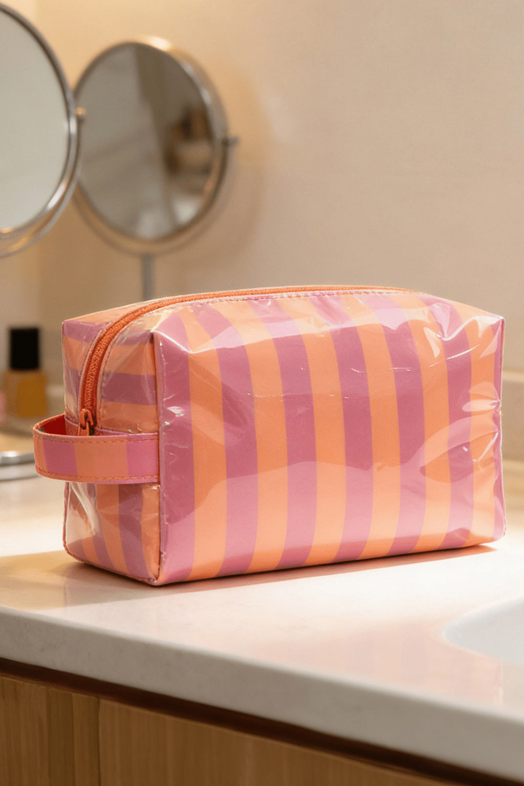 Fiery Red PVC Striped Cosmetic Bag Durable Zipper Handle Travel Organizer