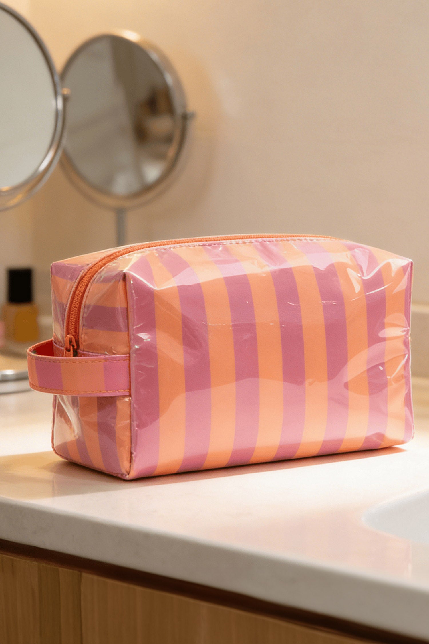 Fiery Red PVC Striped Cosmetic Bag Durable Zipper Handle Travel Organizer