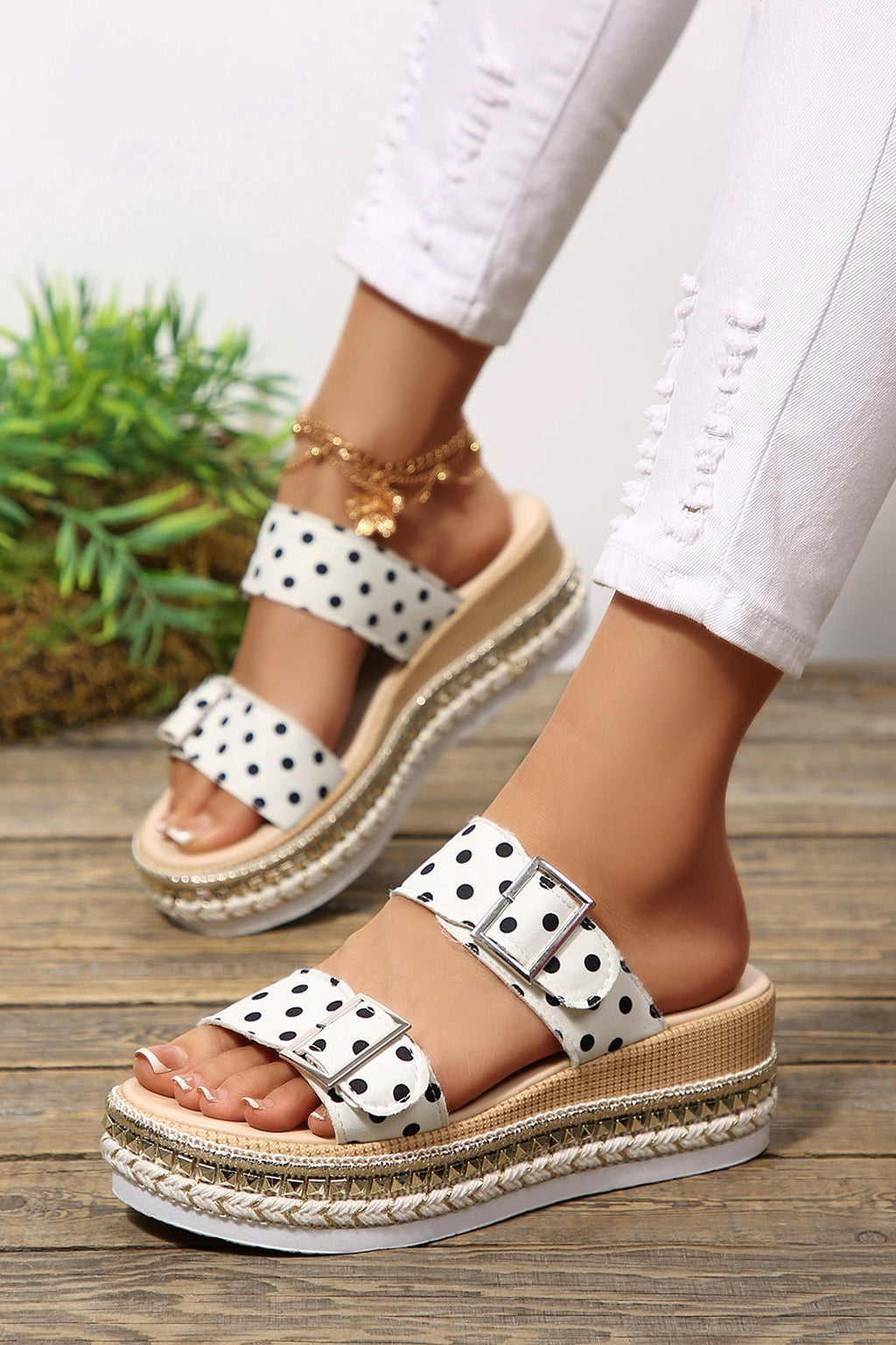 White Polka Dot Pattern Double Buckle Straps Hollow Out Platform Slippers