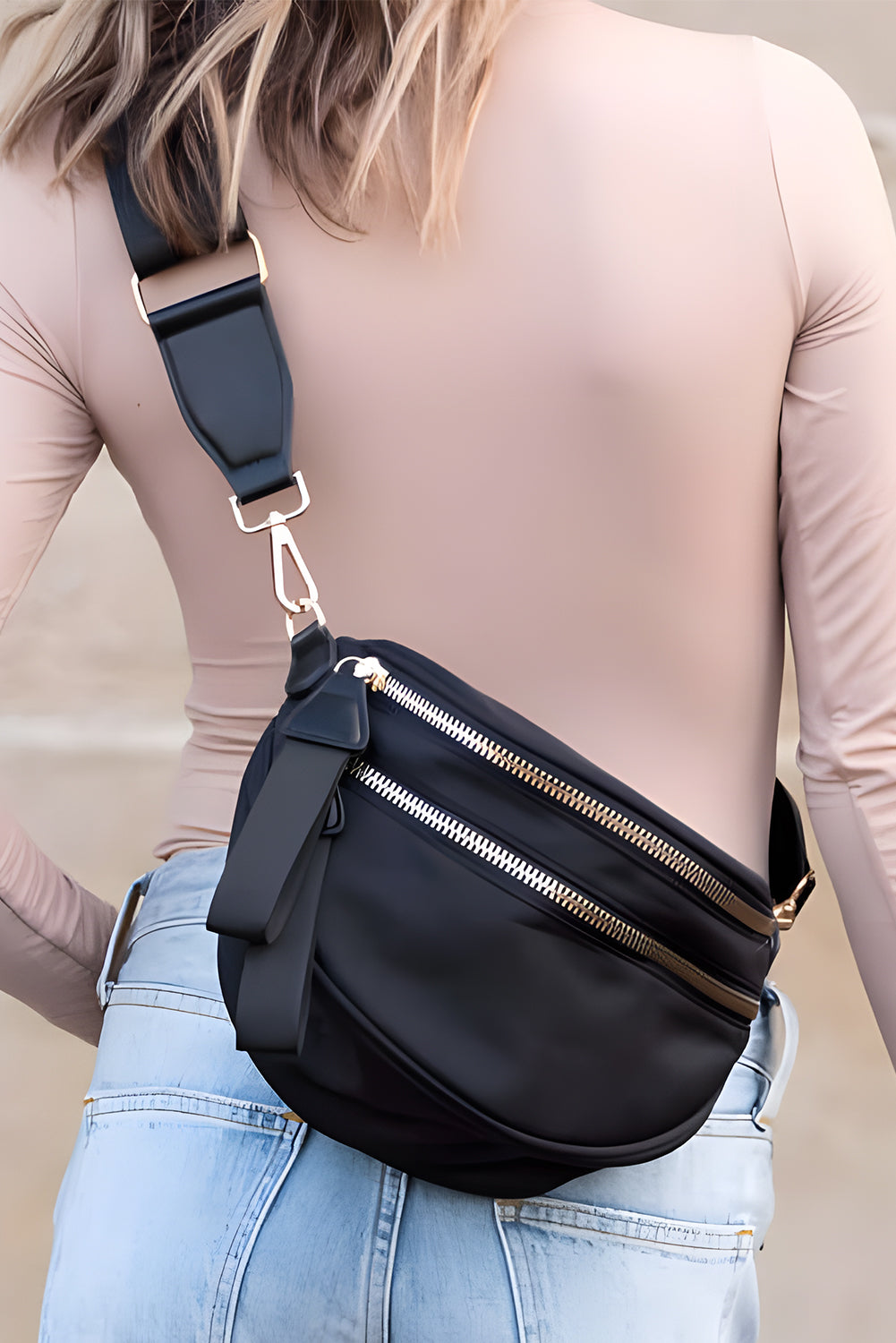 Camel Double Zip Crescent Shape Adjustable Sling Bag