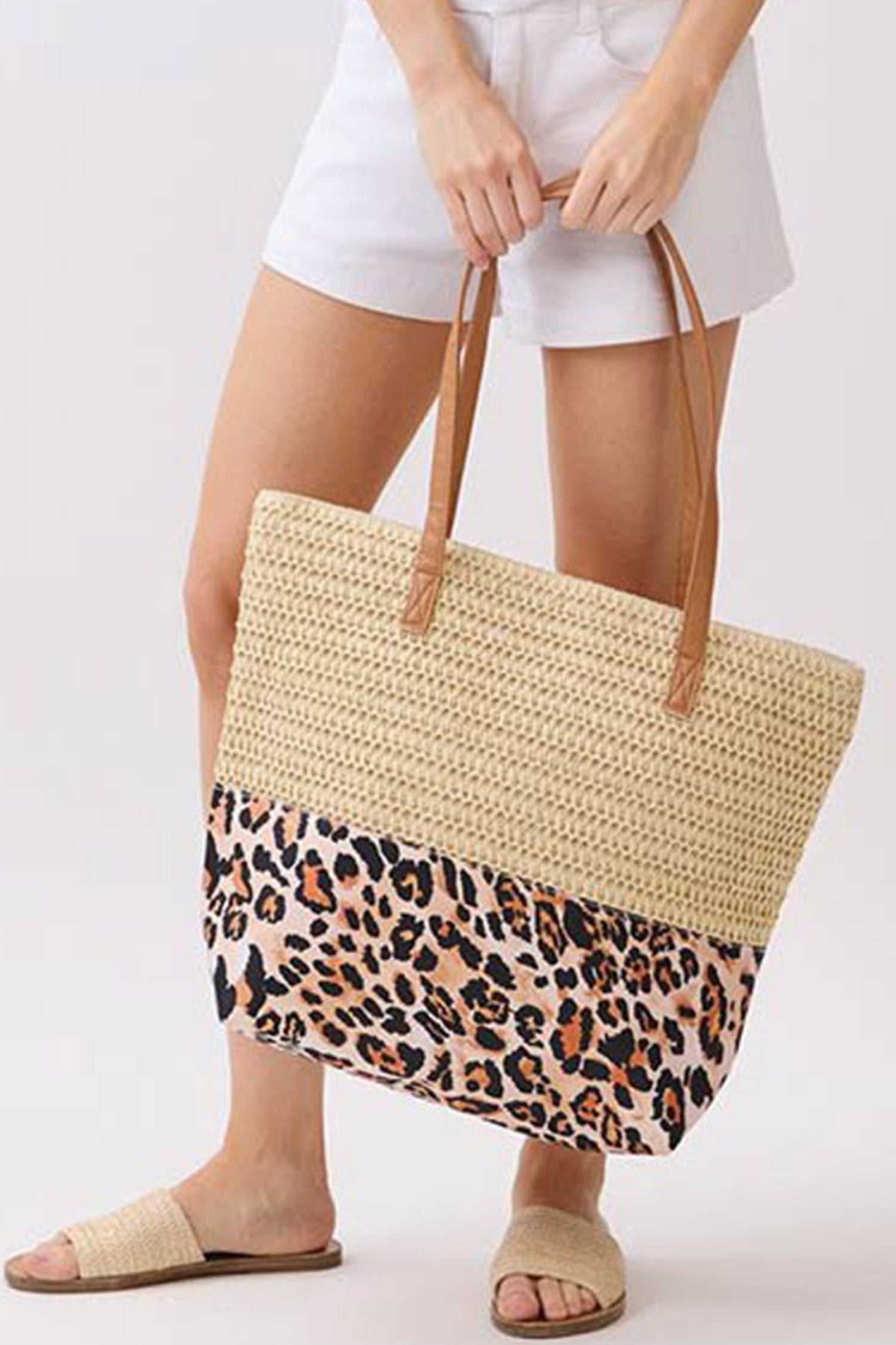 Thai Curry Straw Woven Leopard Patchwork Large Tote Bag