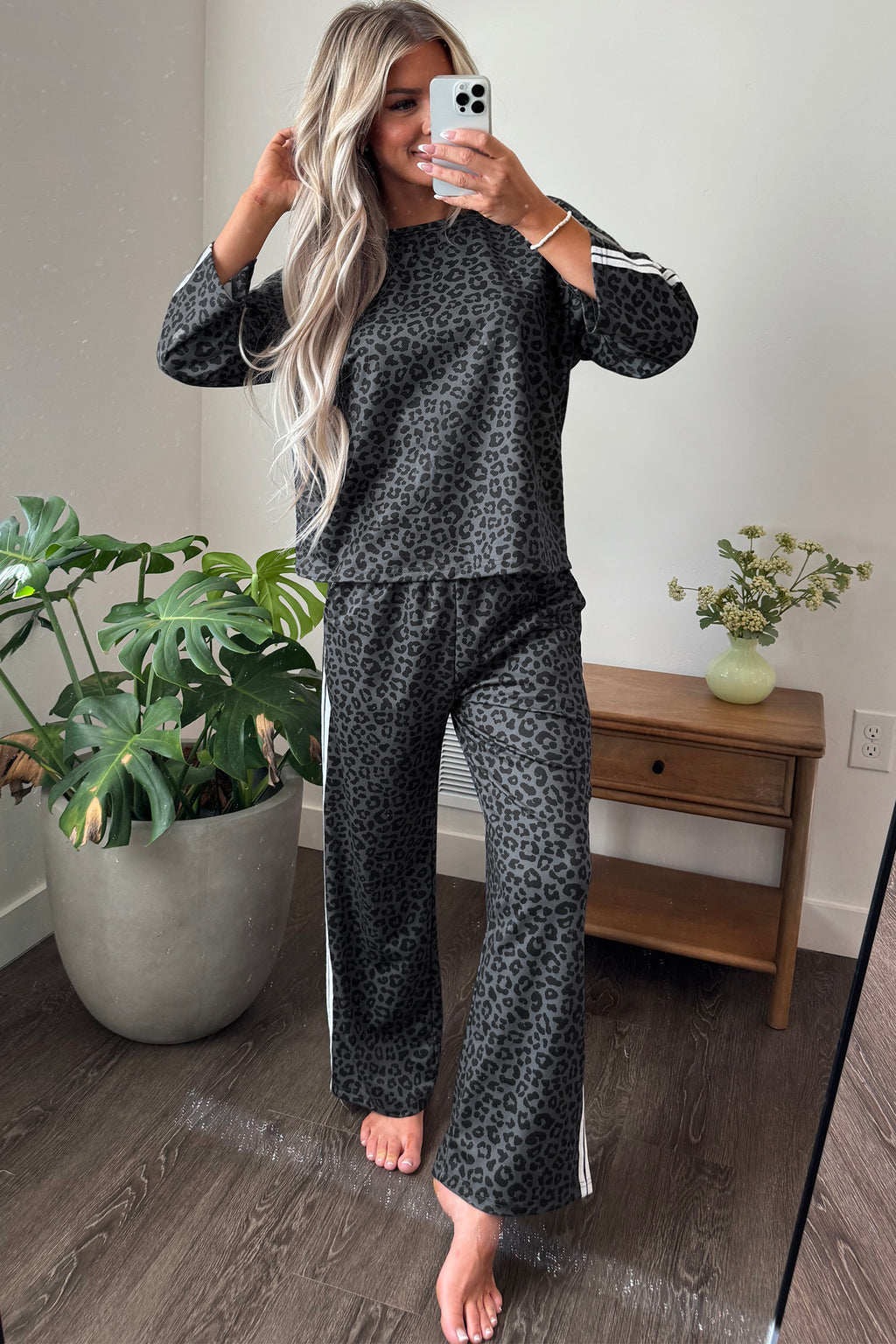 Apricot Leopard Print Varsity Striped Detail 3/4 Sleeve Top Shift Pant Set