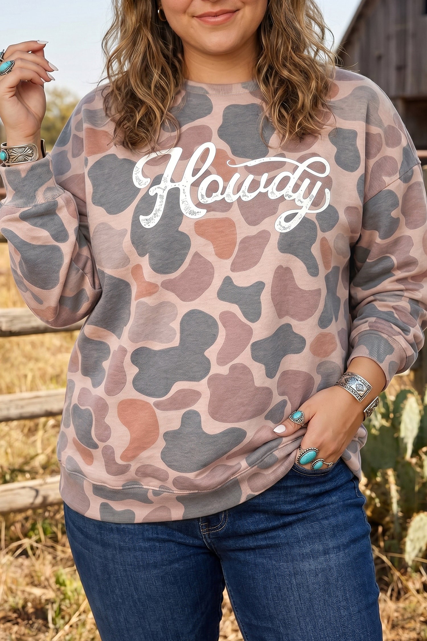 Multicolour Camouflage Western Graphic Plus Size Sweatshirt