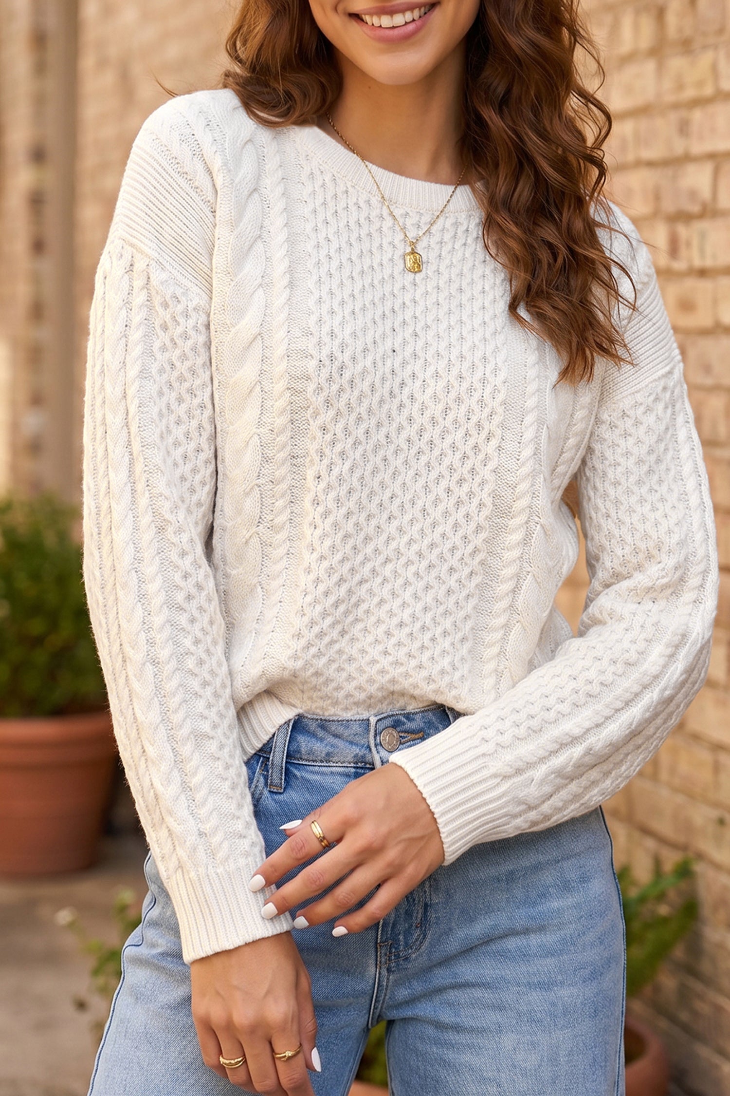 Beige Solid Color Cable Detail Knit Loose Round Neck Sweater