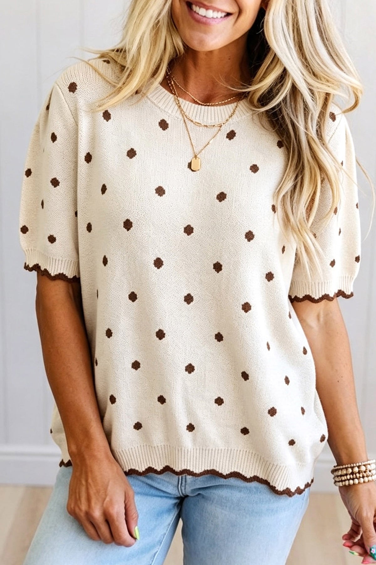 Beige Casual Polka Dot Short Sleeve Round Neck Shift Sweater