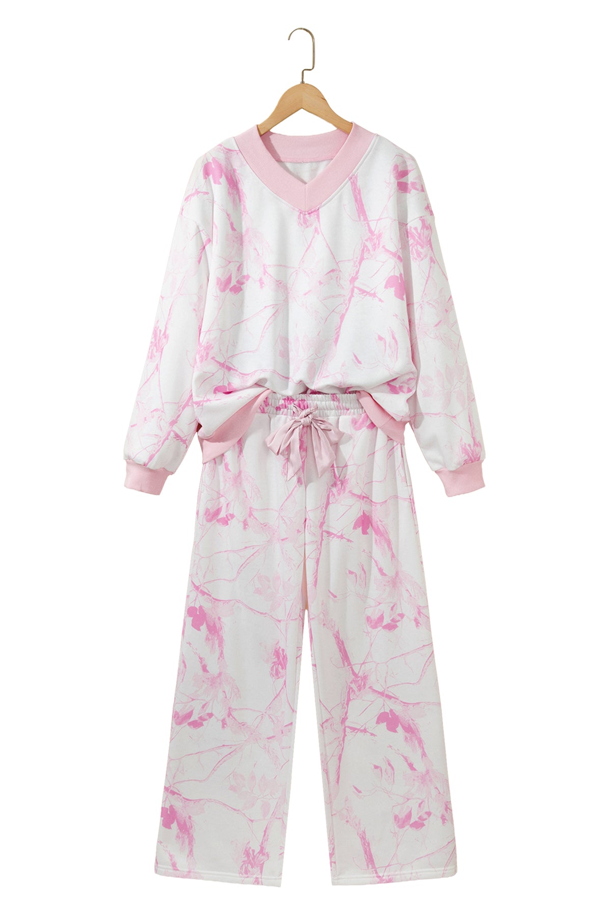 Pink Abstract Plant Print Long Sleeve V Neck Pant Set