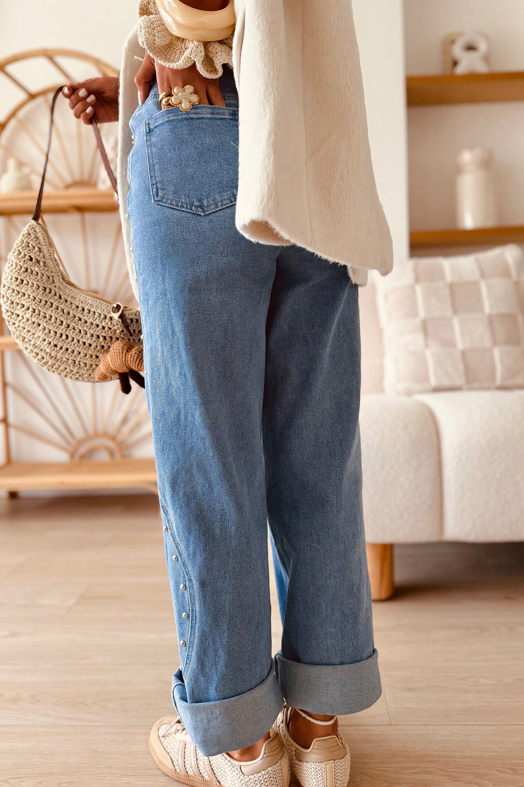 Dusk Blue Side Seam Rivet Detail Ankle Length Casual Jeans