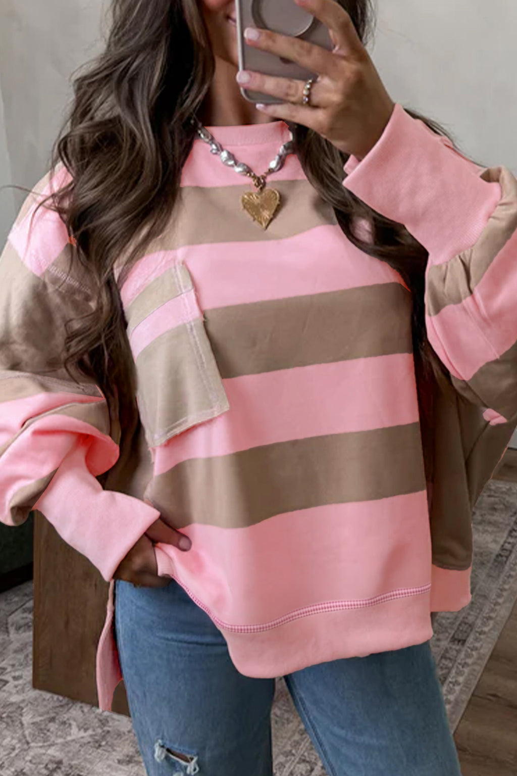 Pink Stripe Striped Colorblock Patch Pocket Split Hem Oversized Long Sleeve Sweatshirt