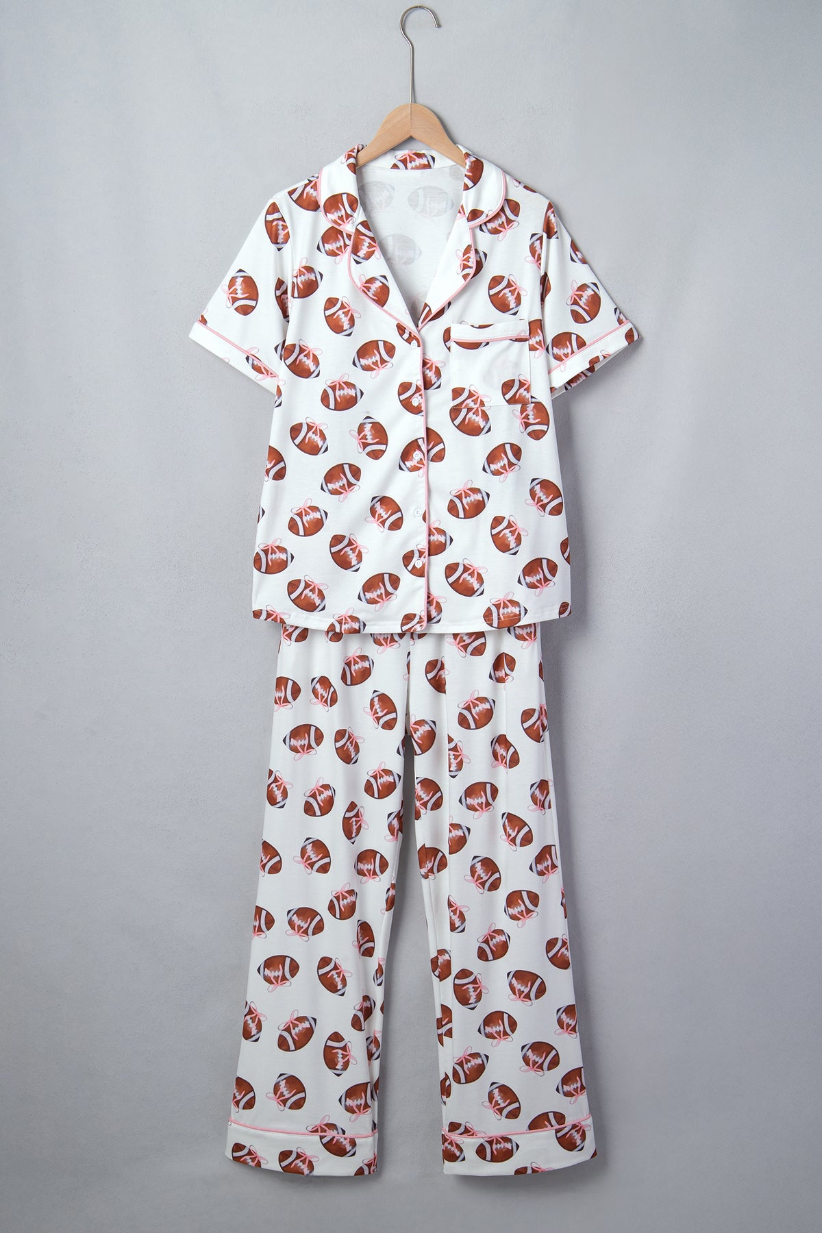 White Rugby Print Short Sleeve Button Down Top Loose Pants Game Day Pajama Set