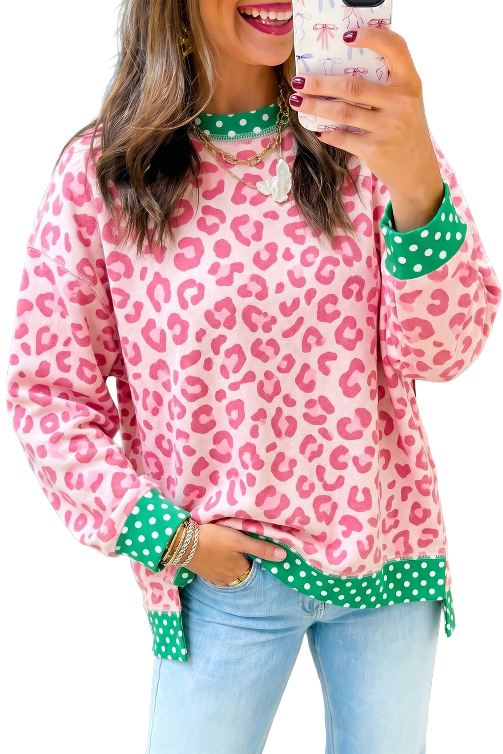 Pink Leopard Polka Dot Colorblock Trim Long Sleeve Top