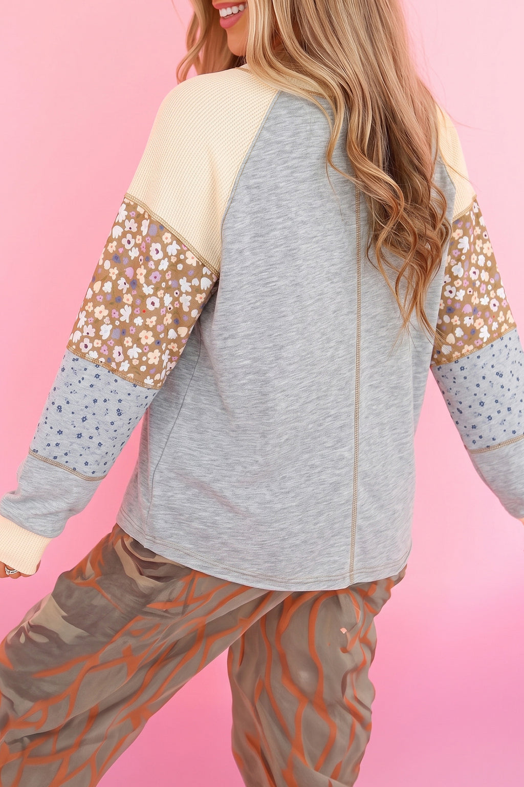 Light Grey Color Block Floral Waffle Mixed Patchwork Long Sleeve Top