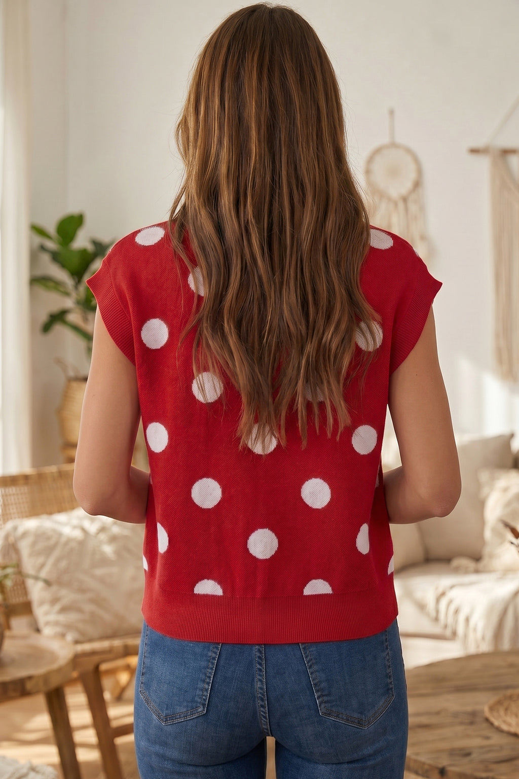Red Relaxed Polka Dot Print Decorated Button Sweater Vest