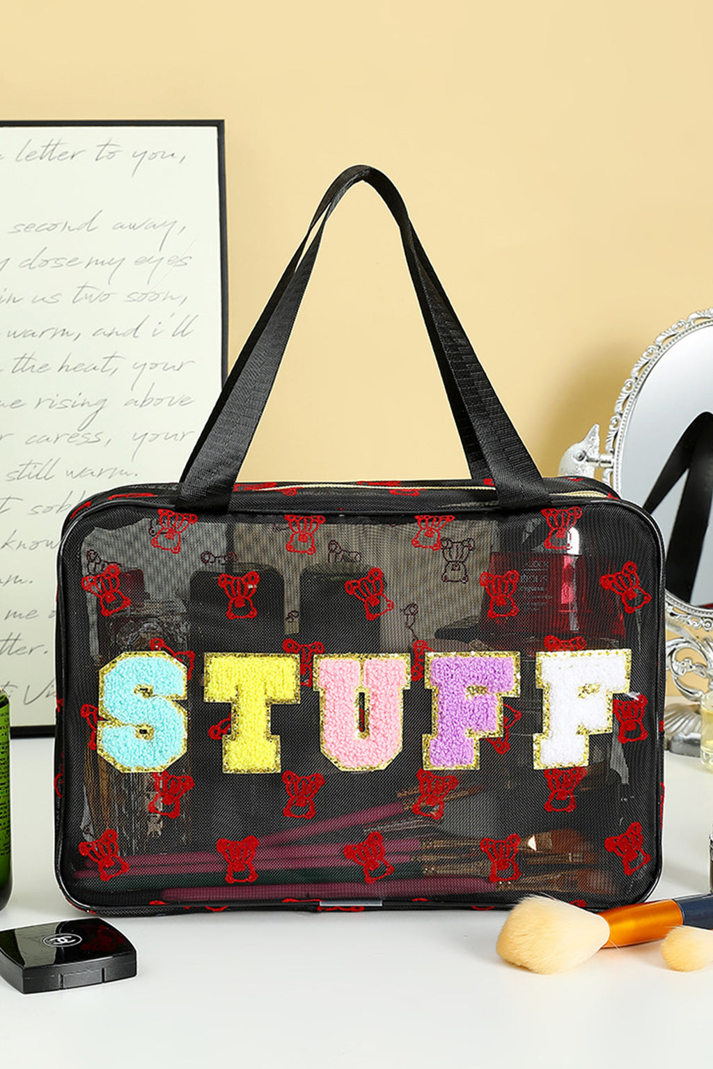 Color black STUFF Chenille Letter Patched Teddy Bear Mesh Lightweight Makeup Bag