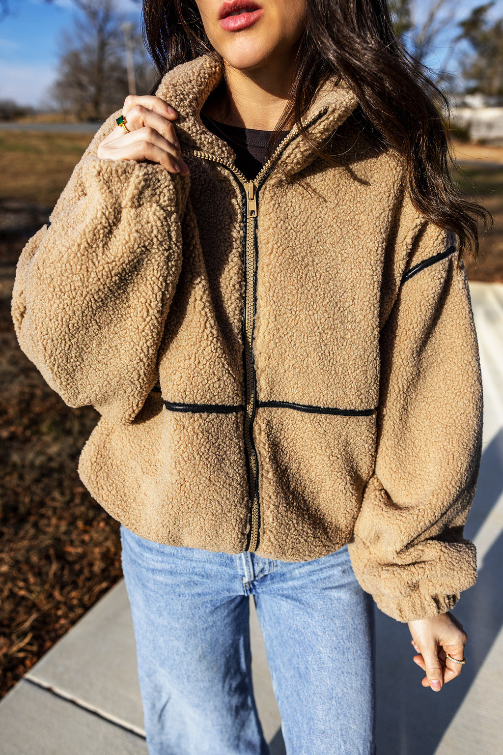Parchment Drop Shoulder Collar Long Sleeve Fleece Regular Fit Jacket