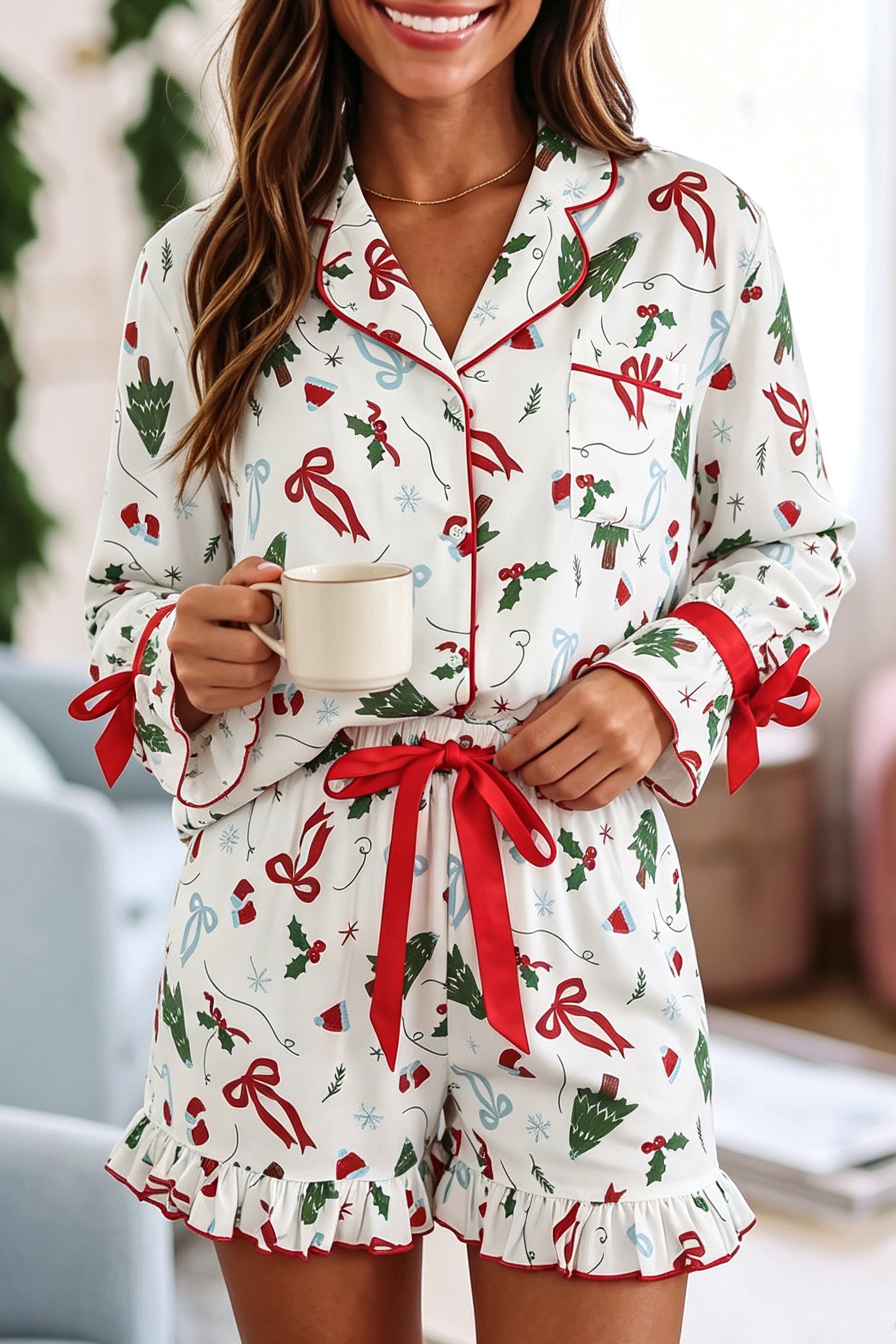 White Christmas Print Ruffle Cuff Long Sleeve Lounge Set