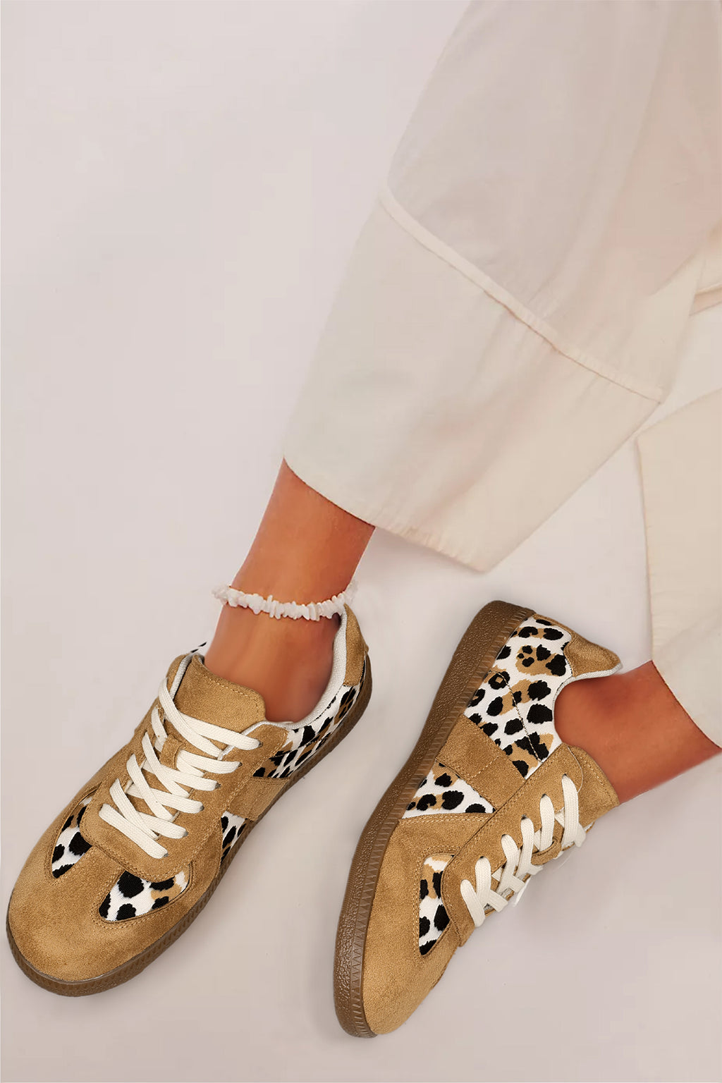 Light French Beige Color Block Leopard Print Patchwork Lace-up Flat Shoes